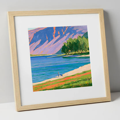 Dog Walker at Vibrant Buttermere gifts for dog walkers art print in natural frame