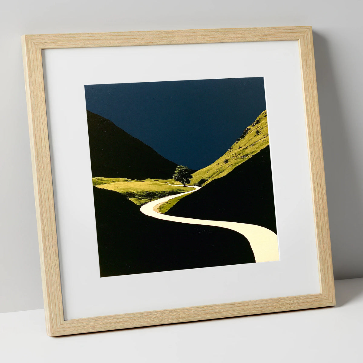 Winding River Through Dark Valley lake district waterfall art print in natural frame