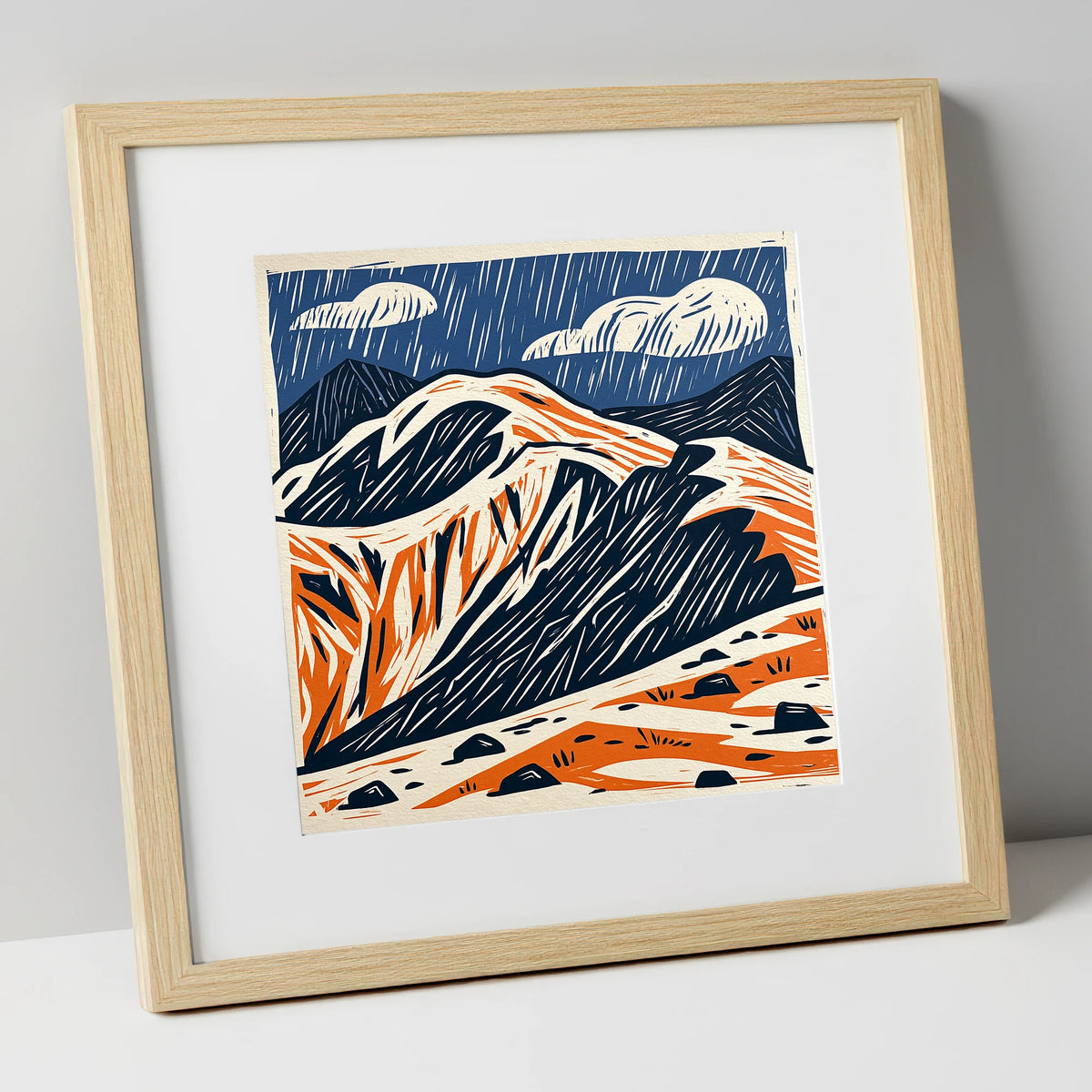 Helvellyn Ridge in Blue and Terracotta lake district fell art print in natural frame