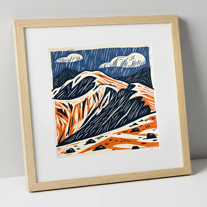 Helvellyn Ridge in Blue and Terracotta lake district fell art print in natural frame