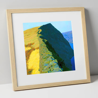 High Pike Ridge Stone Wall lake district fell art print in natural frame