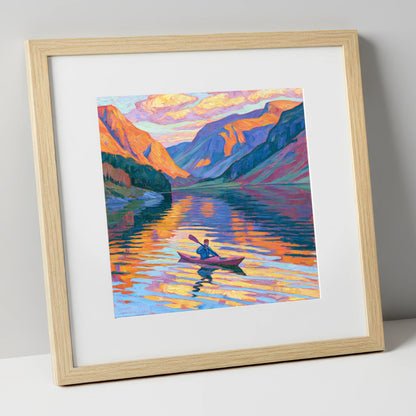 Vibrant Sunset Kayak on the Lake lake district walking art print in natural frame