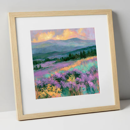 Vibrant Heather Fellside at Sunset flowers & fellsides art print in natural frame