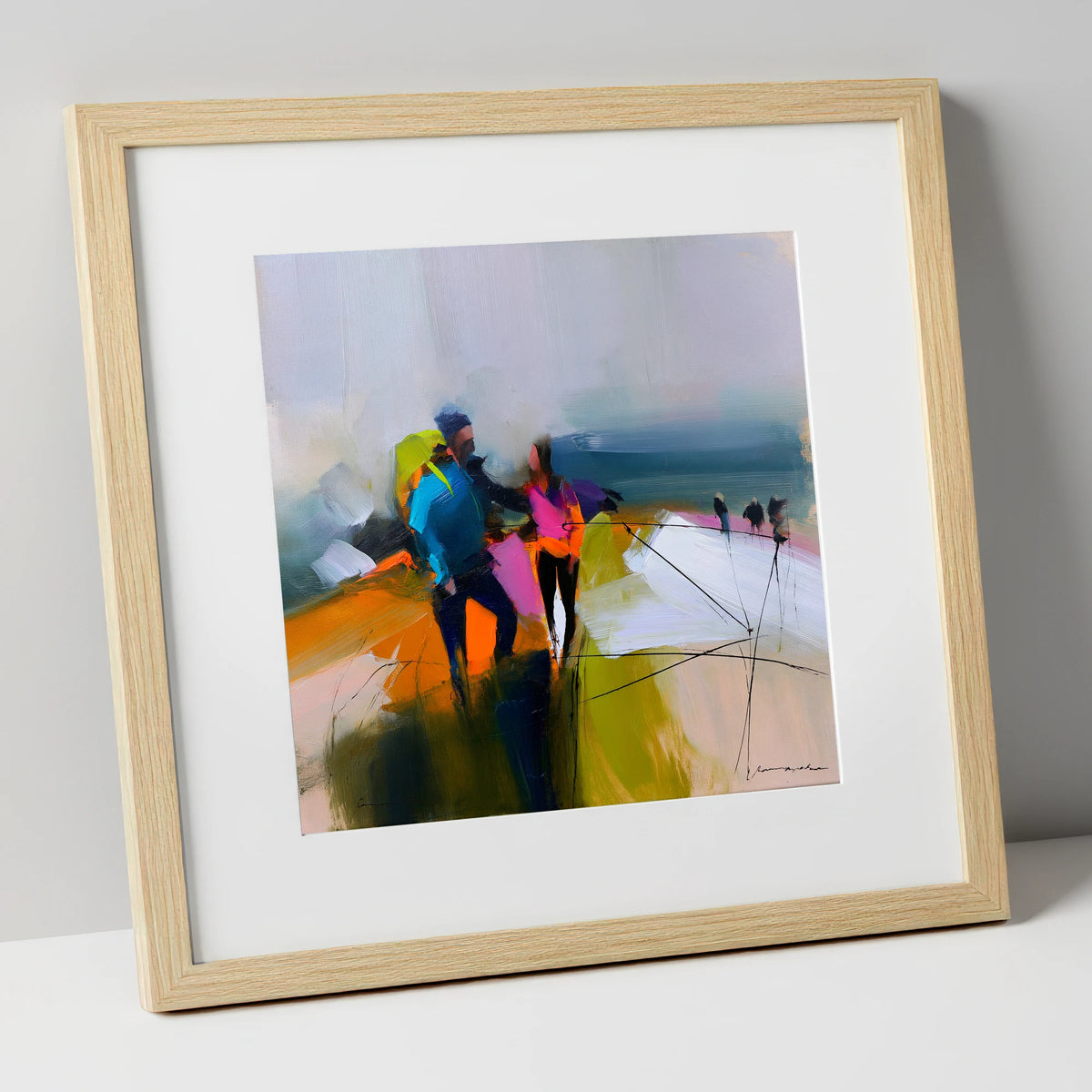 Bold Hikers on a High Fell lake district fell art print in natural frame