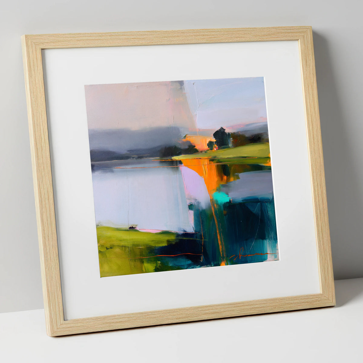 Vibrant Dawn on Still Lake lake district lake art print in natural frame