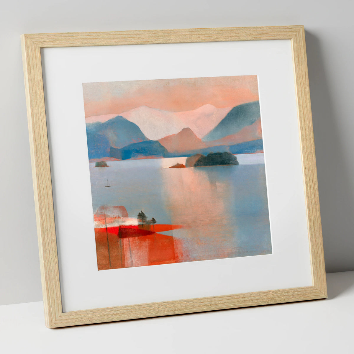 Derwentwater and Catbells Coral Dusk lake district lake art print in natural frame