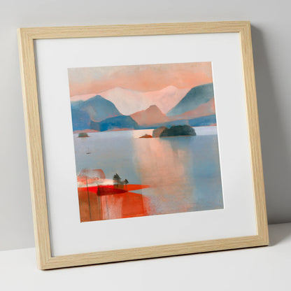 Derwentwater and Catbells Coral Dusk lake district lake art print in natural frame