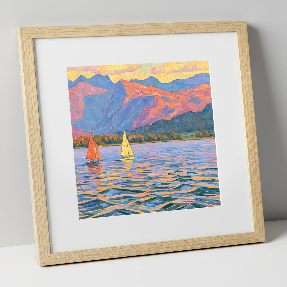 Colourful Evening Sails on Windermere lake district lake art print in natural frame