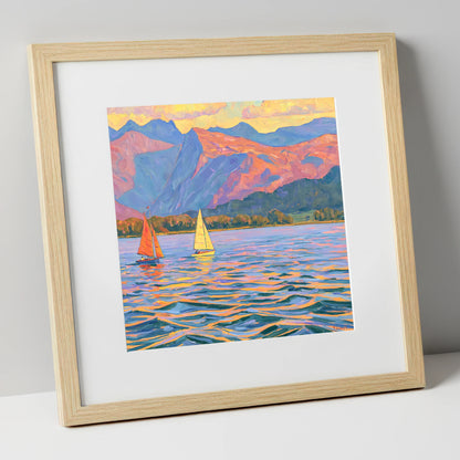 Colourful Evening Sails on Windermere lake district lake art print in natural frame