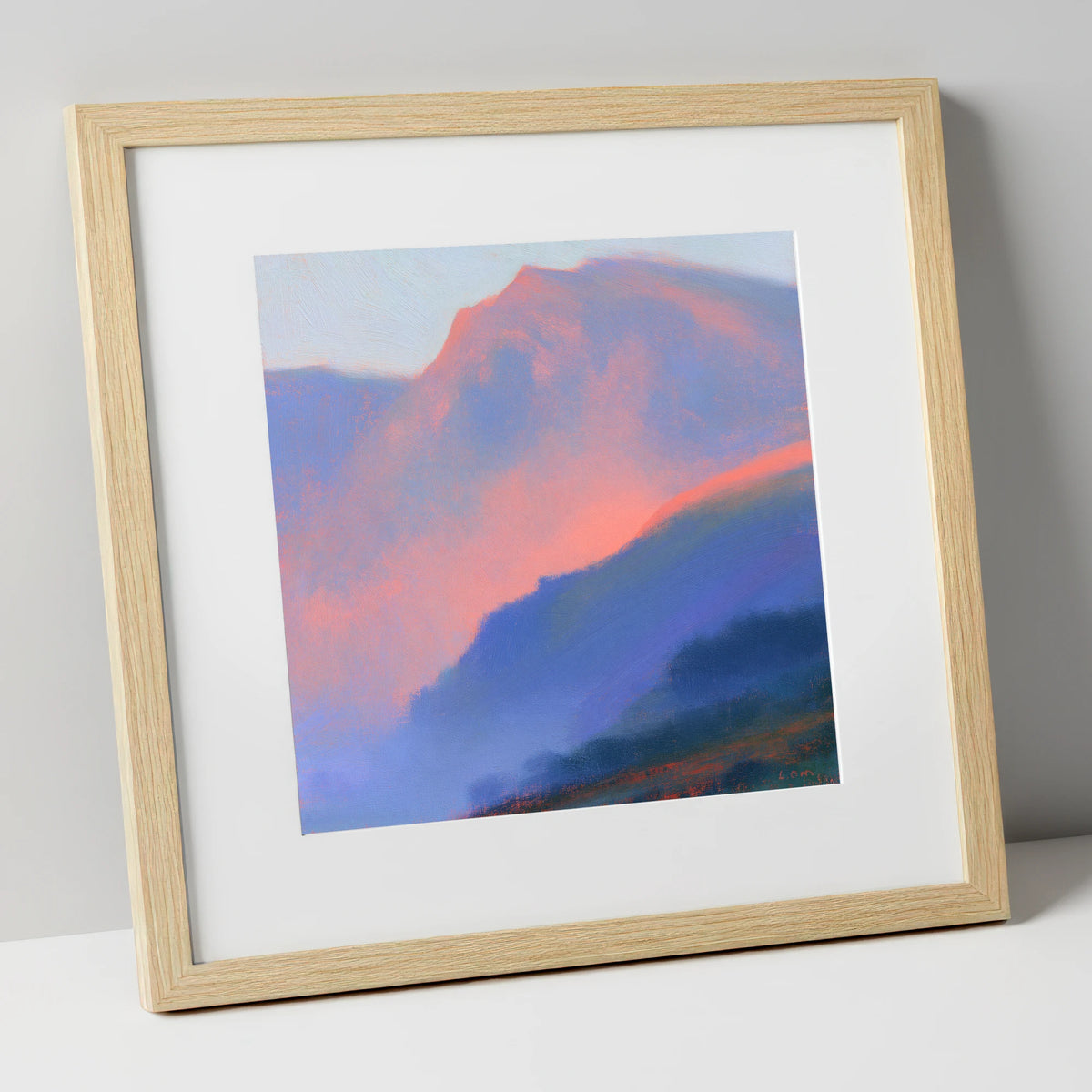 Pink Evening Light Over Fells lake district sky art print in natural frame