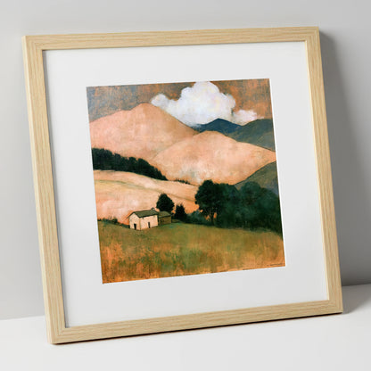 Warm Fells and White Farmhouse lake district fell art print in natural frame