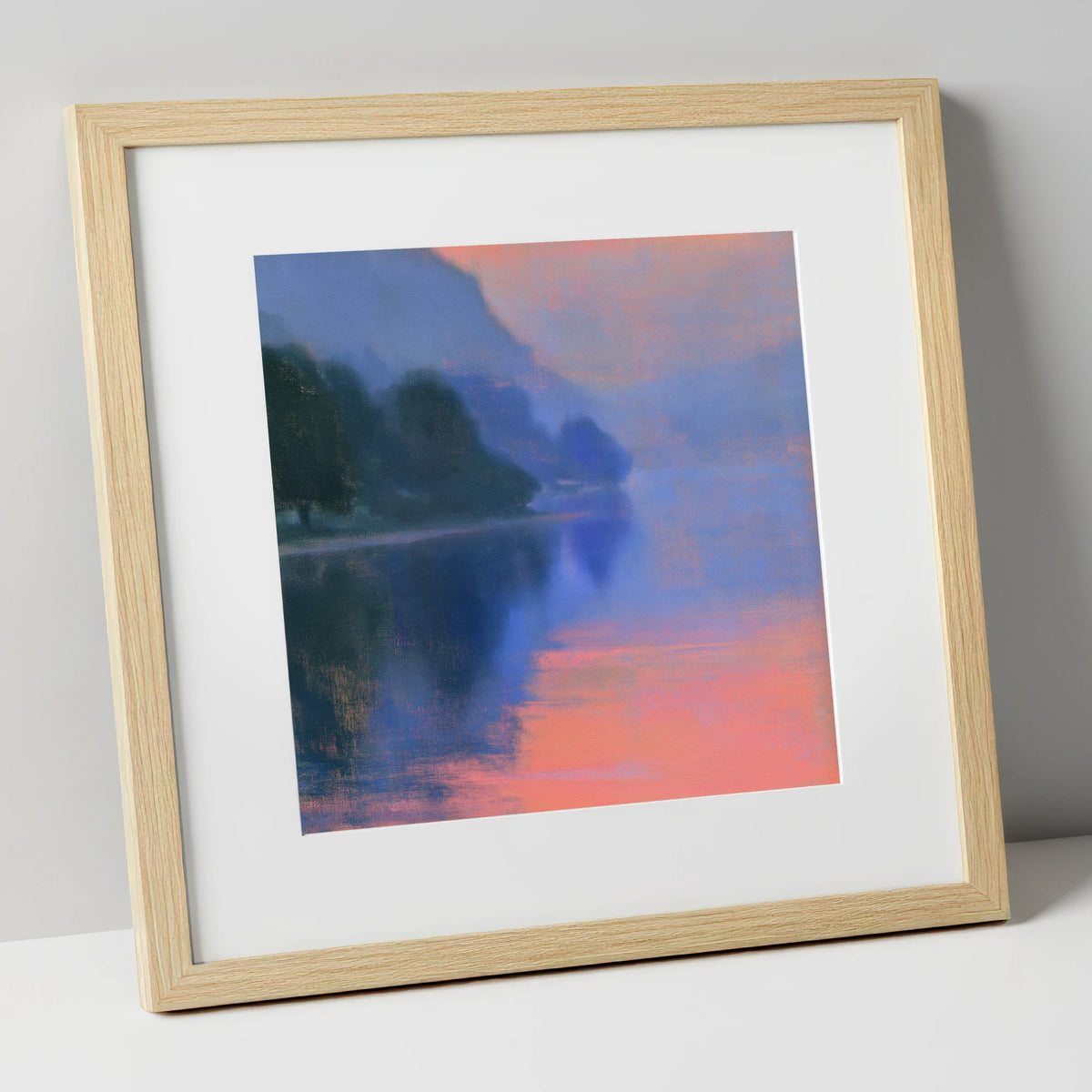 Misty Lake in Peach Light lake district lake art print in natural frame