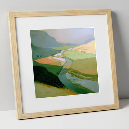Winding River Through Sage Fells lake district waterfall art print in natural frame