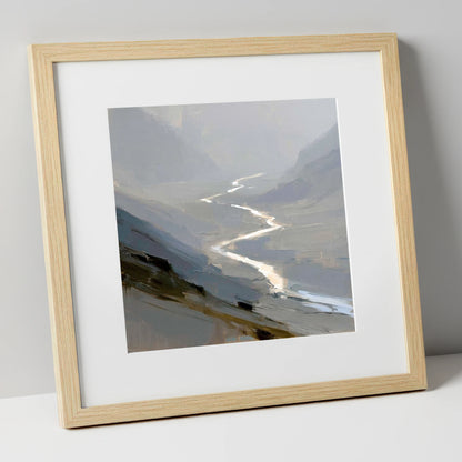 Winding River in Misty Valley lake district waterfall art print in natural frame