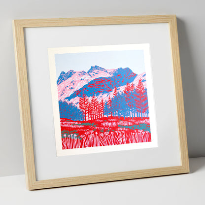 Bold Langdale Pikes Landscape lake district fell art print in natural frame
