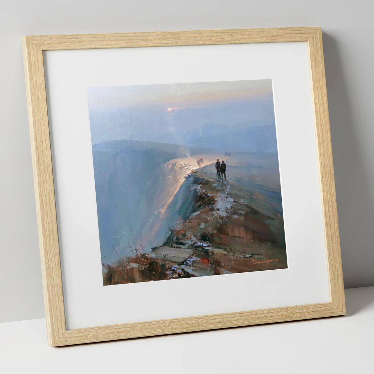 Hikers on a Hazy Fell Top lake district fell art print in natural frame