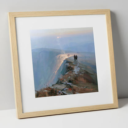 Hikers on a Hazy Fell Top lake district fell art print in natural frame