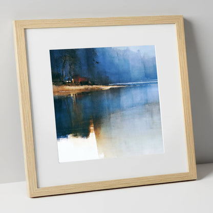 Moody Blue Calm Lake Reflections lake district lake art print in natural frame