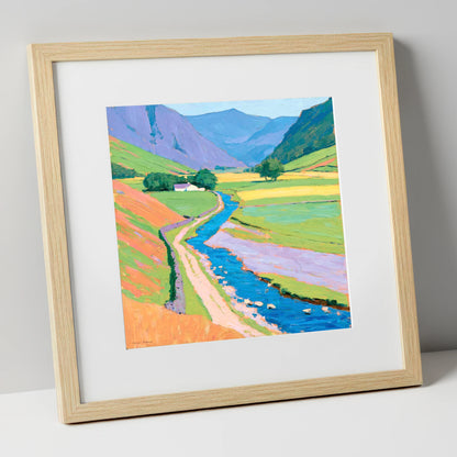 Winding Beck Through Vibrant Fells lake district valley art print in natural frame