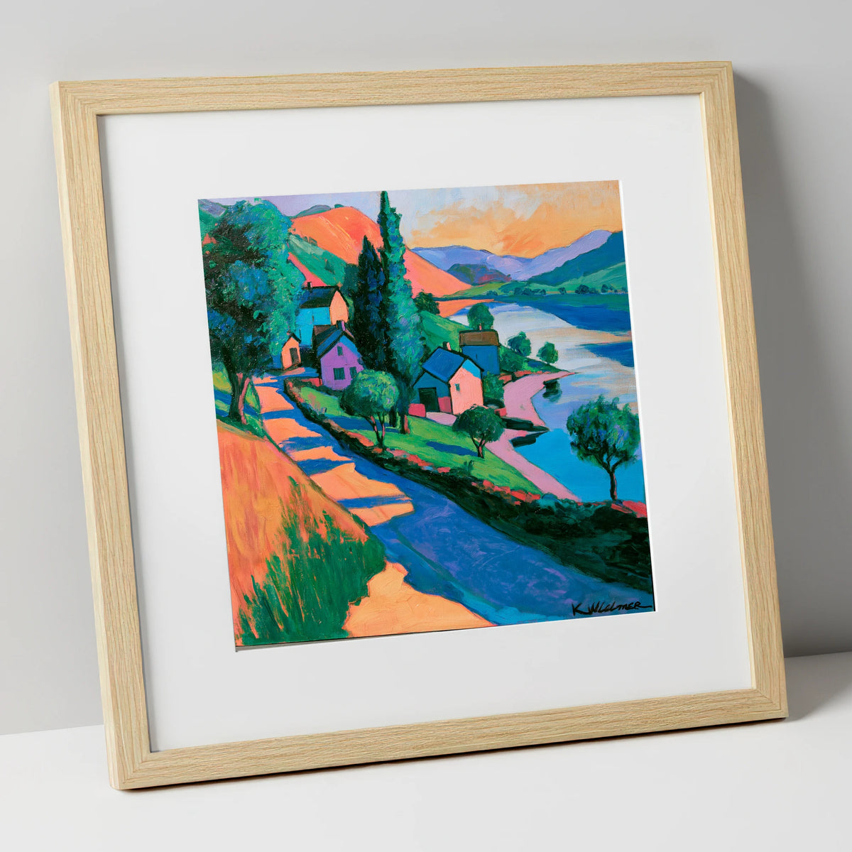 Vibrant Lakeside Village at Sunset lake district village art print in natural frame