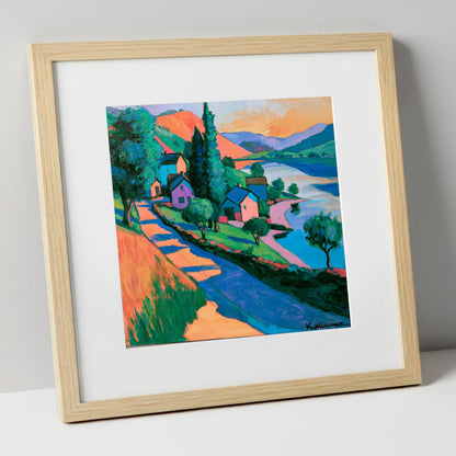 Vibrant Lakeside Village at Sunset lake district village art print in natural frame