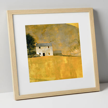 Stone Cottage in Golden Ochre lake district village art print in natural frame
