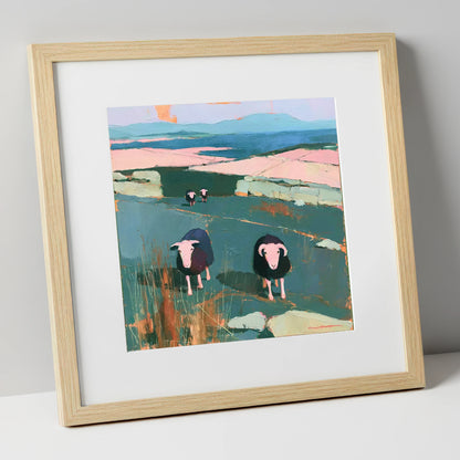 Herdwick Sheep on a Teal Fellside lake district wildlife art print in natural frame