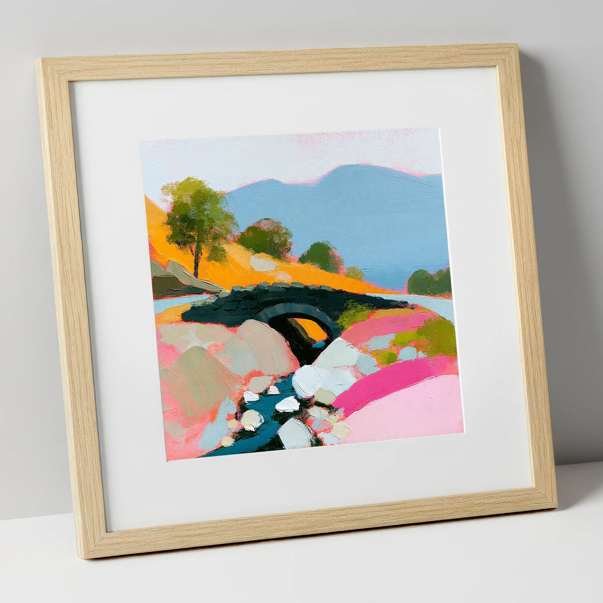 Vibrant Ashness Bridge Borrowdale lake district waterfall art print in natural frame