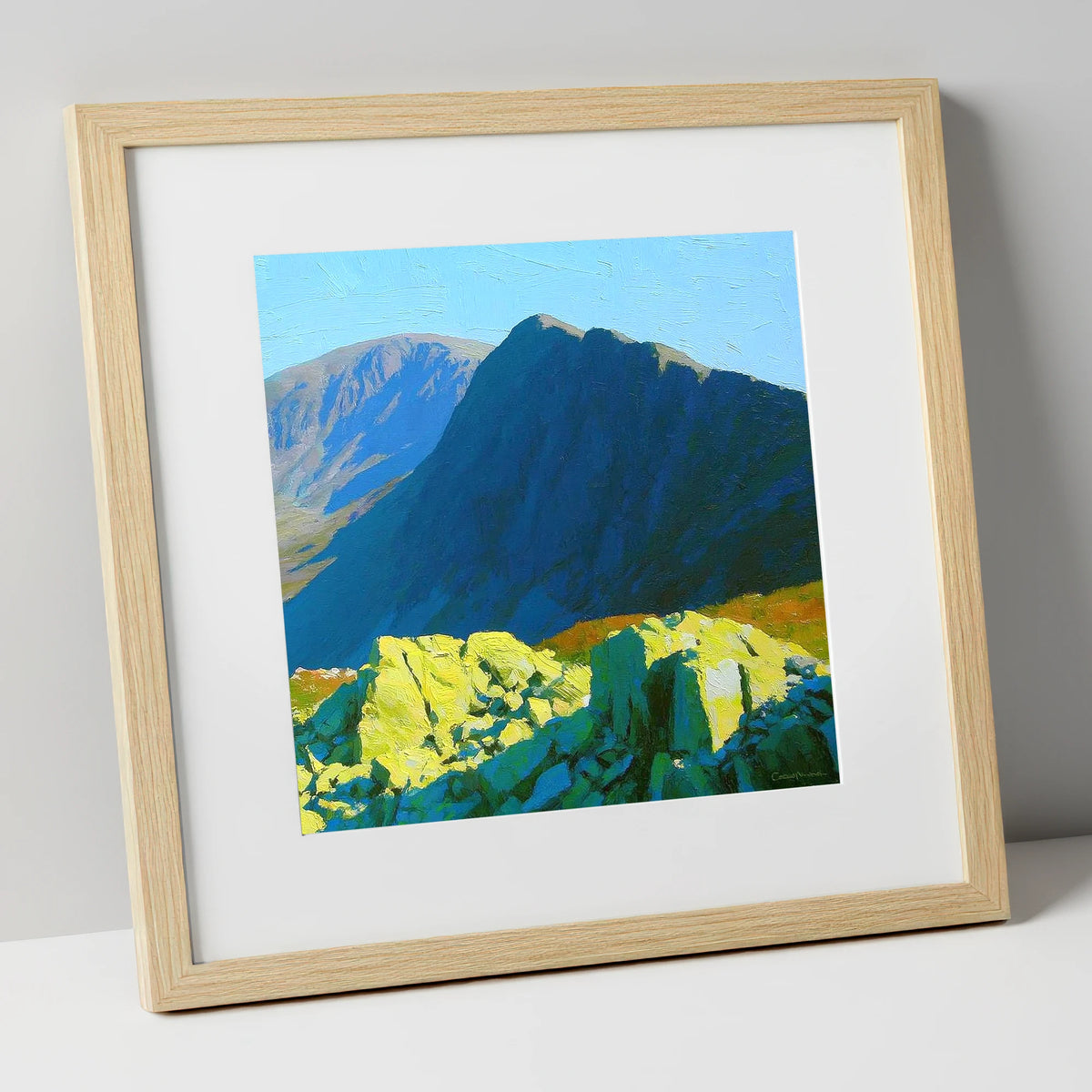 Sunlit Rocks on Great Carrs lake district fell art print in natural frame