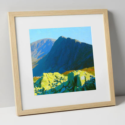 Sunlit Rocks on Great Carrs lake district fell art print in natural frame