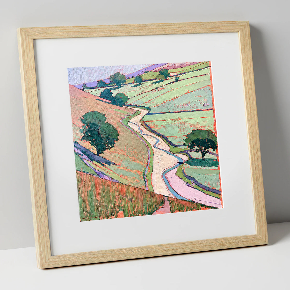 Winding River In Pastel Valley lake district waterfall art print in natural frame