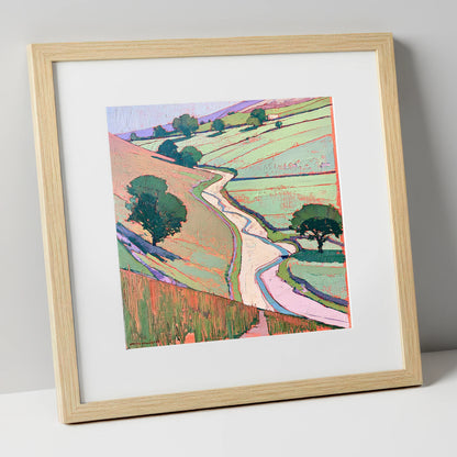 Winding River In Pastel Valley lake district waterfall art print in natural frame