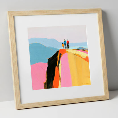 Colourful Fell Top Walkers lake district fell art print in natural frame