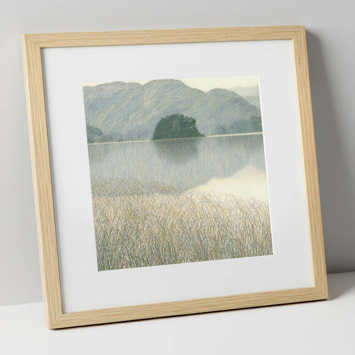 Grasmere Island Through Tall Grasses lake district lake art print in natural frame