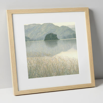 Grasmere Island Through Tall Grasses lake district lake art print in natural frame