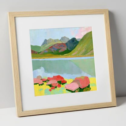 Pastel Rocks at Blea Tarn lake district valley art print in natural frame