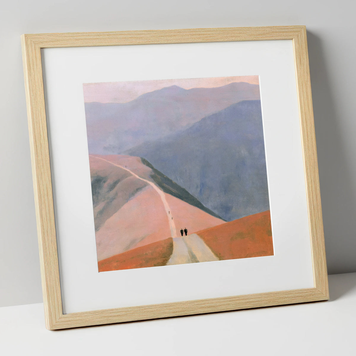 Walkers on a Pastel Mountain Path lake district walking art print in natural frame