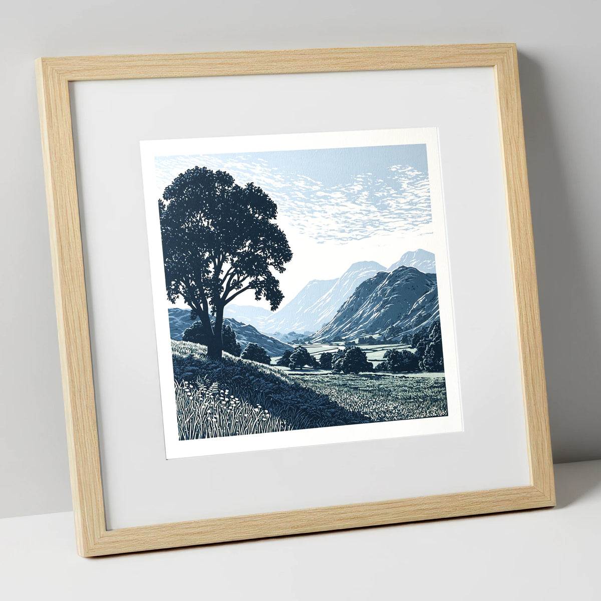 Eskdale Valley in Navy and Slate lake district valley art print in natural frame