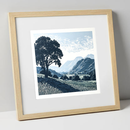 Eskdale Valley in Navy and Slate lake district valley art print in natural frame