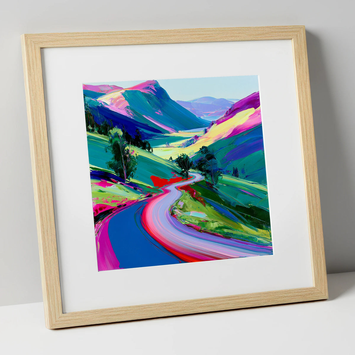 Vibrant Winding Mountain Pass lake district valley art print in natural frame