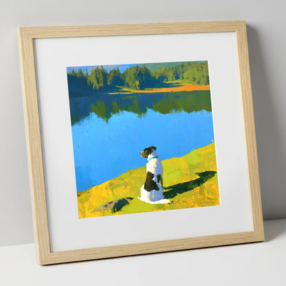 Sunlit Dog Beside Tarn Hows tarn hows wall art art print in natural frame
