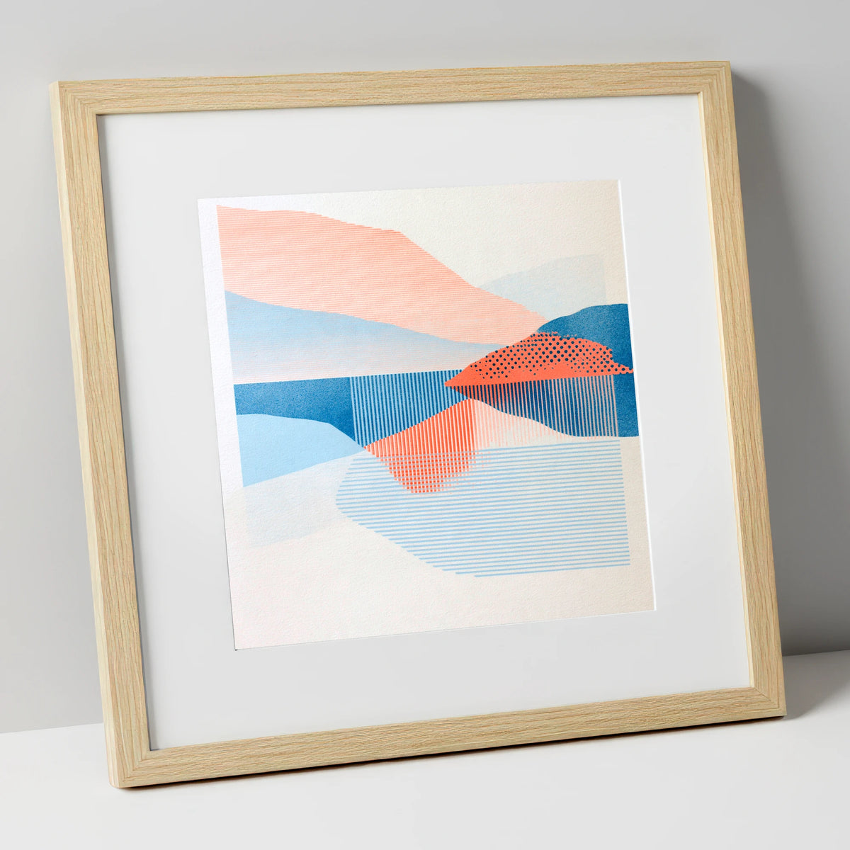 Coral and Blue Lake Reflections lake district lake art print in natural frame