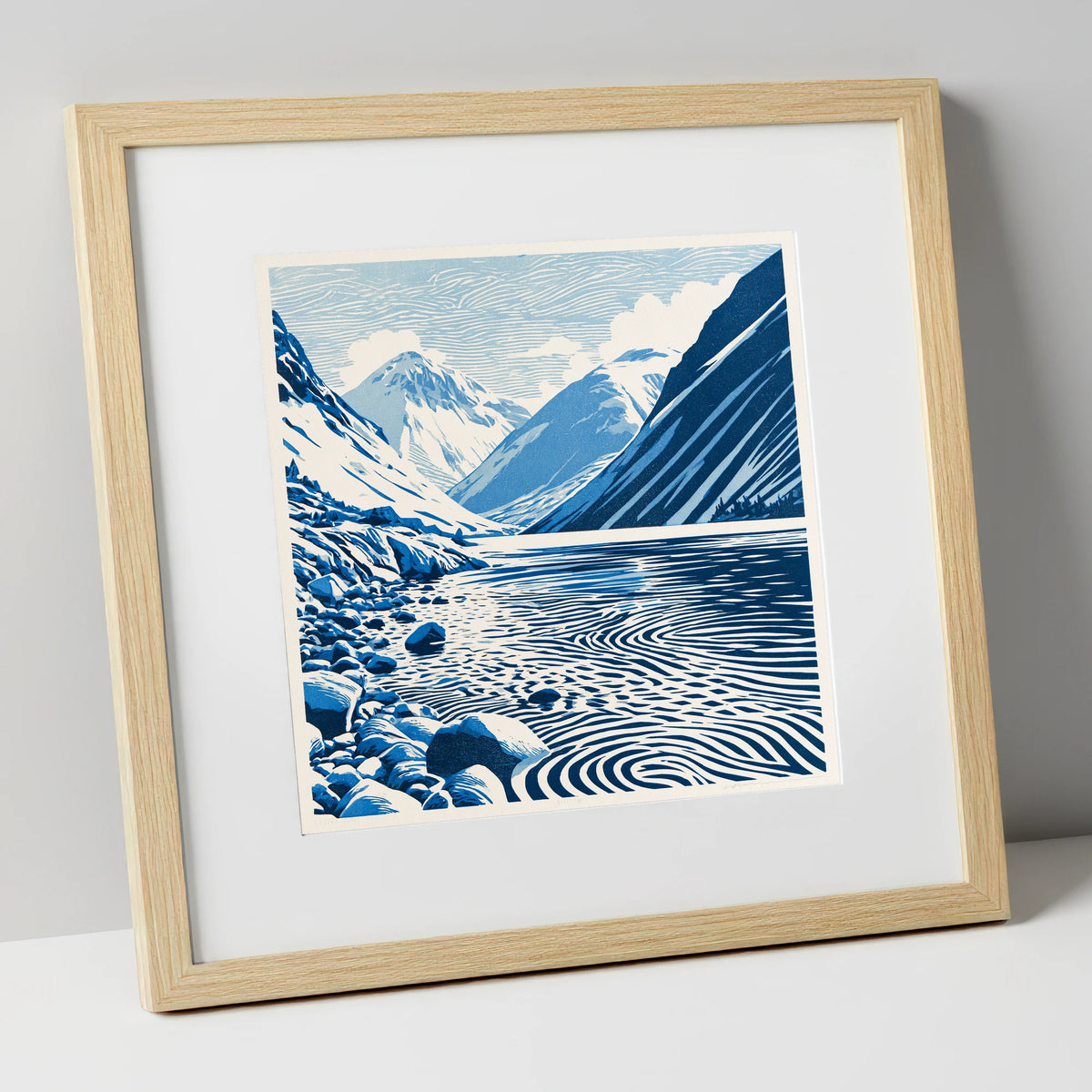 Wastwater Screes in Cobalt Blue lake district lake art print in natural frame