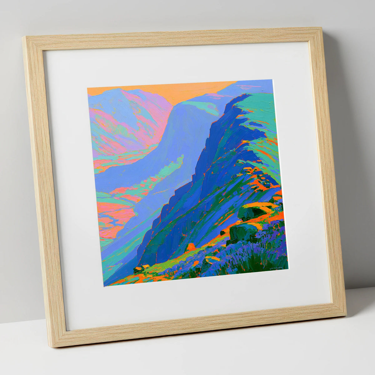 Electric Blue Mountain Ridge lake district fell art print in natural frame