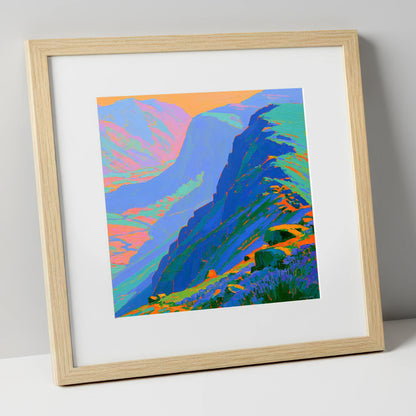 Electric Blue Mountain Ridge lake district fell art print in natural frame