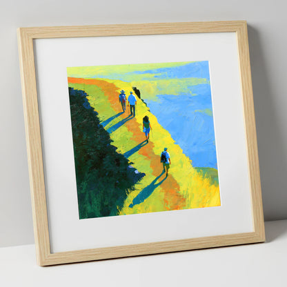 Fell Walkers on a Sunlit Ridge lake district fell art print in natural frame