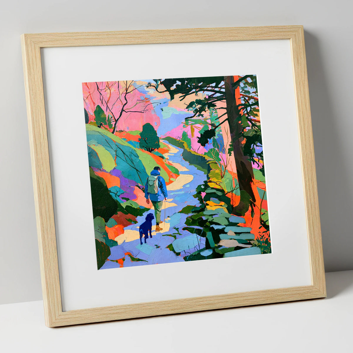 Colourful Hawkshead Dog Walk gifts for dog walkers art print in natural frame