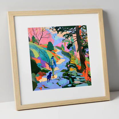 Colourful Hawkshead Dog Walk gifts for dog walkers art print in natural frame