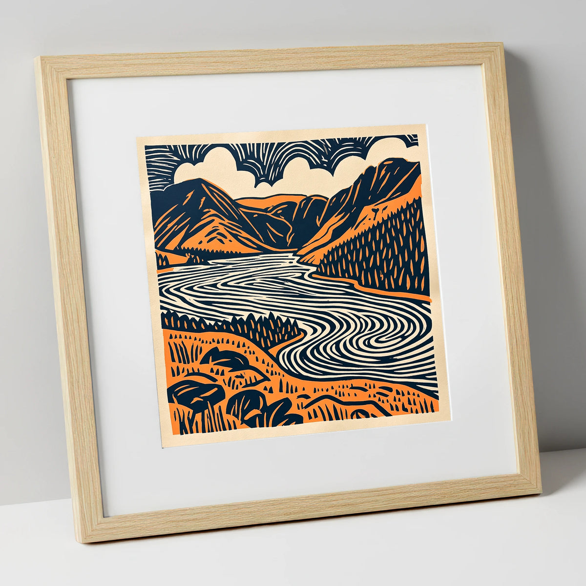 Navy and Terracotta Crummock Water lake district lake art print in natural frame