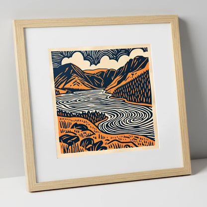 Navy and Terracotta Crummock Water lake district lake art print in natural frame